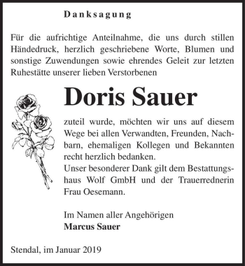 Traueranzeige von Doris Sauer  von Magdeburger Volksstimme