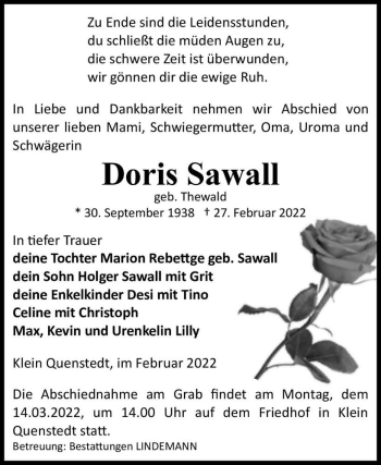 Traueranzeige von Doris Sawall (geb. Thewald)  von Magdeburger Volksstimme