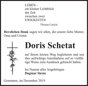 Traueranzeige von Doris Schetat  von Magdeburger Volksstimme