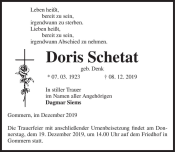Traueranzeige von Doris Schetat (geb. Denk)  von Magdeburger Volksstimme