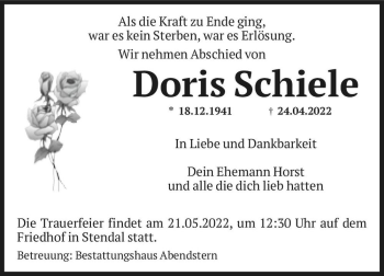 Traueranzeige von Doris Schiele  von Magdeburger Volksstimme