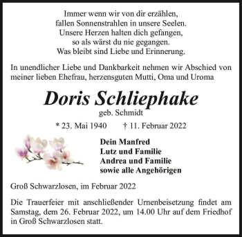 Traueranzeige von Doris Schliephake (geb. Schmidt)  von Magdeburger Volksstimme