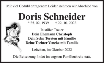 Traueranzeige von Doris Schneider  von Magdeburger Volksstimme