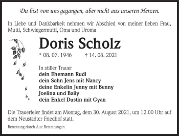 Traueranzeige von Doris Scholz  von Magdeburger Volksstimme