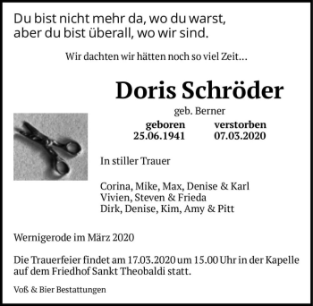 Traueranzeige von Doris Schröder (geb. Berner)  von Magdeburger Volksstimme