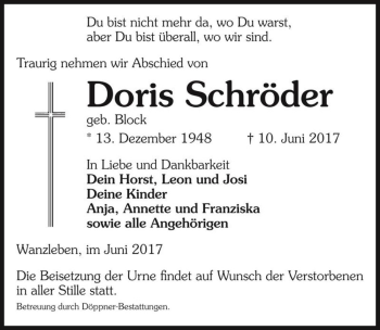 Traueranzeige von Doris Schröder (geb. Block)  von Magdeburger Volksstimme