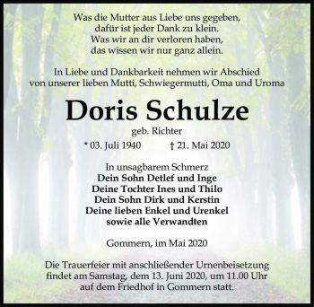 Traueranzeige von Doris Schulze (geb. Richter)  von Magdeburger Volksstimme