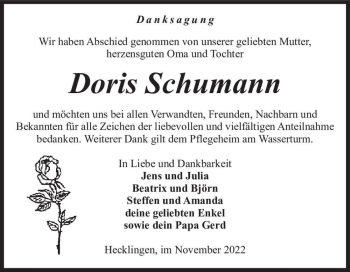 Traueranzeige von Doris Schumann  von Magdeburger Volksstimme