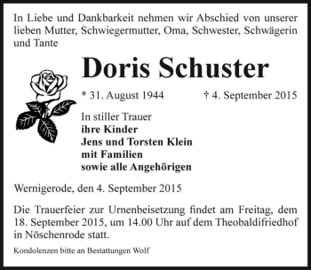 Traueranzeige von Doris Schuster  von Magdeburger Volksstimme