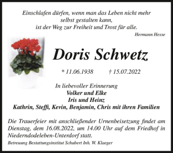 Traueranzeige von Doris Schwetz  von Magdeburger Volksstimme