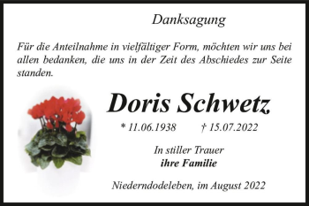 Traueranzeige von Doris Schwetz  von Magdeburger Volksstimme