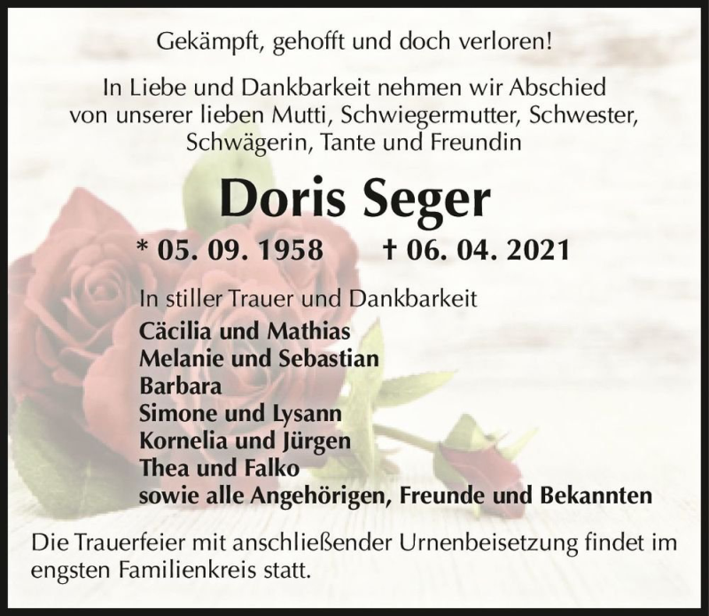  Traueranzeige für Doris Seger  vom 08.05.2021 aus Magdeburger Volksstimme