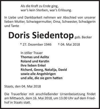 Traueranzeige von Doris Siedentop (geb. Becker)  von Magdeburger Volksstimme