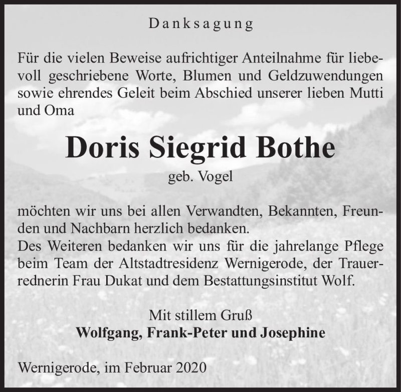  Traueranzeige für Doris Siegrid Bothe (geb. Vogel)  vom 29.02.2020 aus Magdeburger Volksstimme