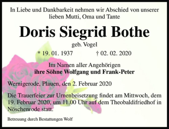 Traueranzeige von Doris Siegrid Bothe (geb. Vogel)  von Magdeburger Volksstimme