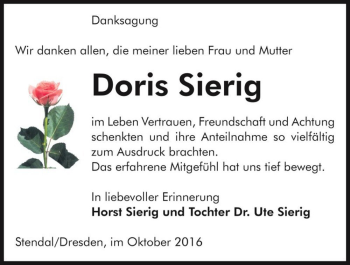 Traueranzeige von Doris Sierig  von Magdeburger Volksstimme