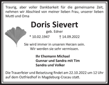 Traueranzeige von Doris Sievert (geb. Edner)  von Magdeburger Volksstimme