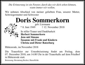 Traueranzeige von Doris Sommerkorn (geb. Liermann)  von Magdeburger Volksstimme