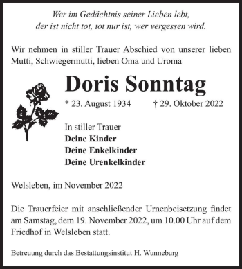 Traueranzeige von Doris Sonntag  von Magdeburger Volksstimme