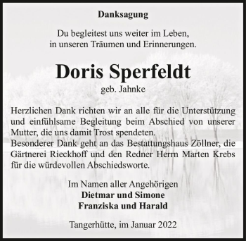 Traueranzeige von Doris Sperfeldt (geb. Jahnke)  von Magdeburger Volksstimme