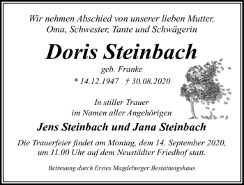 Traueranzeige von Doris Steinbach (geb. Franke)  von Magdeburger Volksstimme