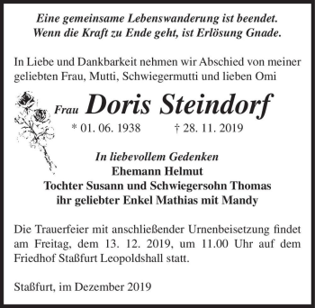 Traueranzeige von Doris Steindorf  von Magdeburger Volksstimme