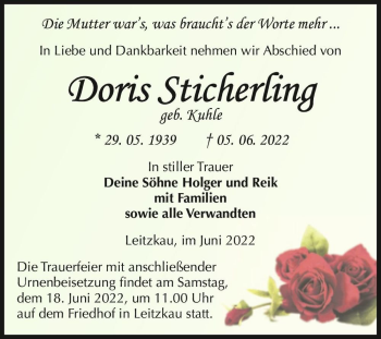 Traueranzeige von Doris Sticherling (geb. Kuhle)  von Magdeburger Volksstimme
