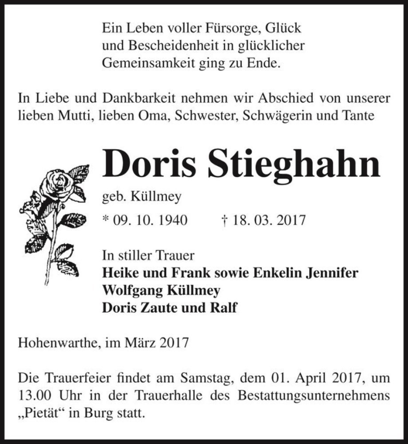 Traueranzeige für Doris Stieghahn (geb. Küllmey)  vom 25.03.2017 aus Magdeburger Volksstimme