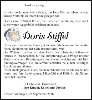 Traueranzeige von Doris Stiffel  von Magdeburger Volksstimme