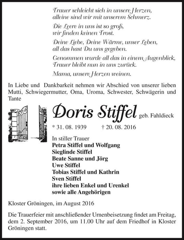  Traueranzeige für Doris Stiffel (geb. Fahldieck)  vom 23.08.2016 aus Magdeburger Volksstimme