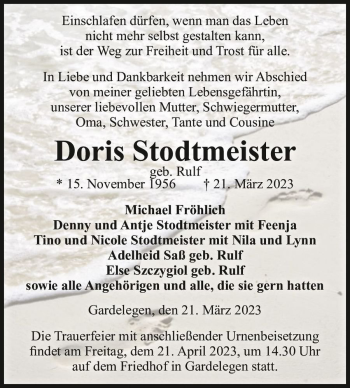 Traueranzeige von Doris Stodtmeister (geb. Rulf)  von Magdeburger Volksstimme