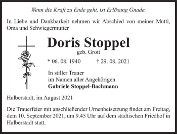 Traueranzeige von Doris Stoppel (geb. Grott)  von Magdeburger Volksstimme