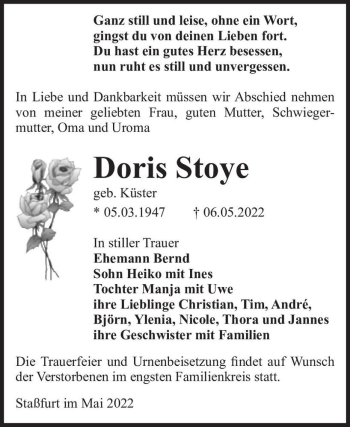 Traueranzeige von Doris Stoye (geb. Küster)  von Magdeburger Volksstimme