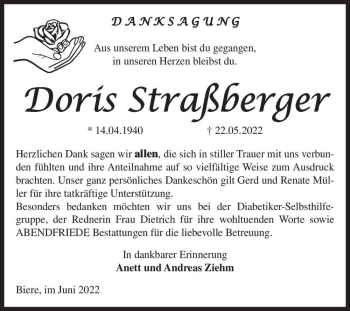Traueranzeige von Doris Straßberger  von Magdeburger Volksstimme