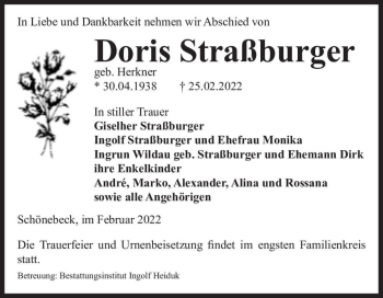 Traueranzeige von Doris Straßburger (geb. Herkner)  von Magdeburger Volksstimme
