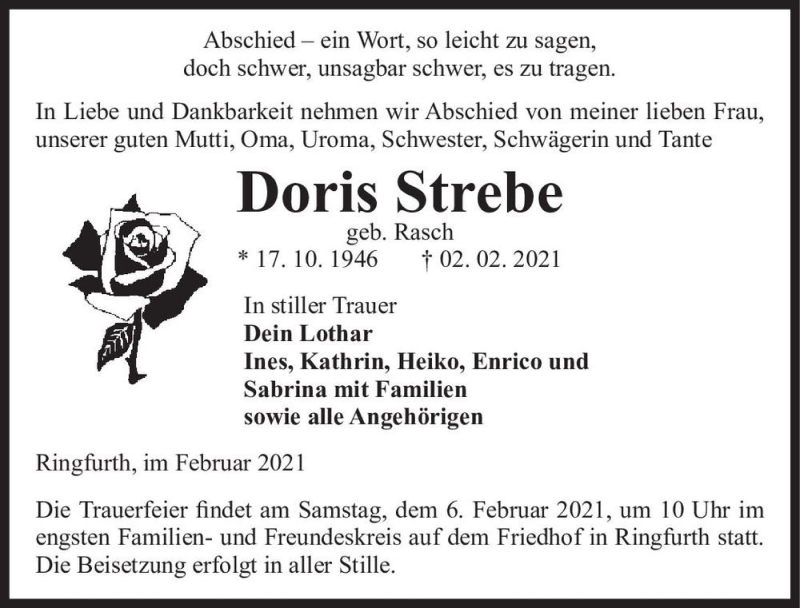  Traueranzeige für Doris Strebe (geb. Rasch)  vom 04.02.2021 aus Magdeburger Volksstimme
