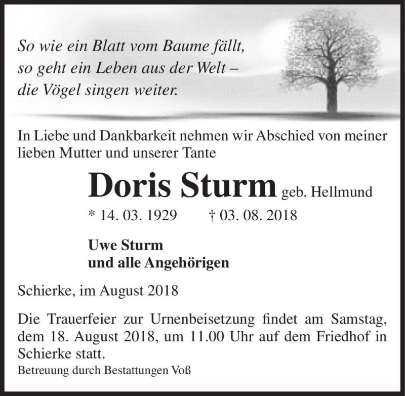  Traueranzeige für Doris Sturm (geb. Hellmund)  vom 11.08.2018 aus Magdeburger Volksstimme