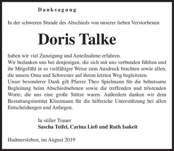 Traueranzeige von Doris Talke  von Magdeburger Volksstimme