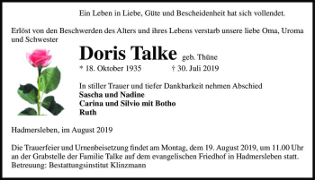 Traueranzeige von Doris Talke (geb. Thüne)  von Magdeburger Volksstimme