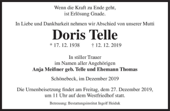 Traueranzeige von Doris Telle  von Magdeburger Volksstimme