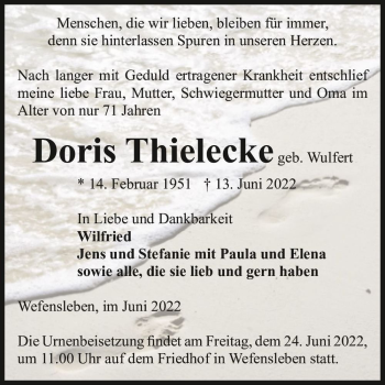 Traueranzeige von Doris Thielecke (geb. Wulfert)  von Magdeburger Volksstimme