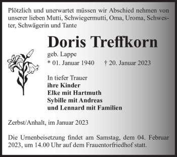 Traueranzeige von Doris Treffkorn (geb. Lappe)  von Magdeburger Volksstimme