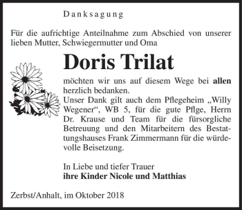 Traueranzeige von Doris Trilat  von Magdeburger Volksstimme