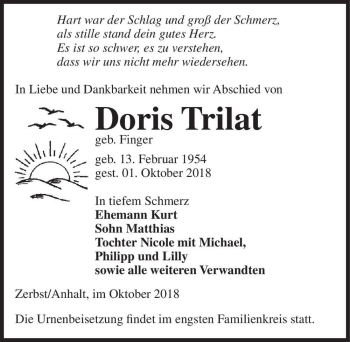 Traueranzeige von Doris Trilat (geb. Finger)  von Magdeburger Volksstimme