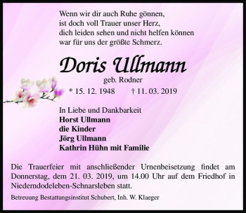 Traueranzeige von Doris Ullmann (geb. Rodner)  von Magdeburger Volksstimme