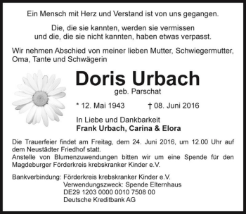 Traueranzeige von Doris Urbach (geb. Parschat)  von Magdeburger Volksstimme
