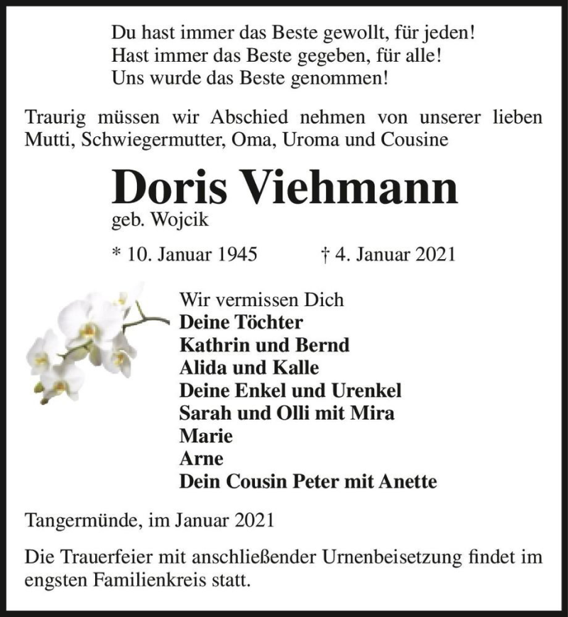  Traueranzeige für Doris Viehmann (geb. Wojcik)  vom 09.01.2021 aus Magdeburger Volksstimme