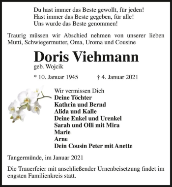 Traueranzeige von Doris Viehmann (geb. Wojcik)  von Magdeburger Volksstimme