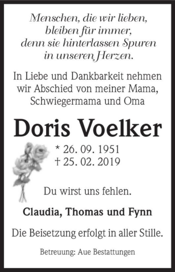 Traueranzeige von Doris Voelker  von Magdeburger Volksstimme