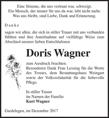 Traueranzeige von Doris Wagner  von Magdeburger Volksstimme
